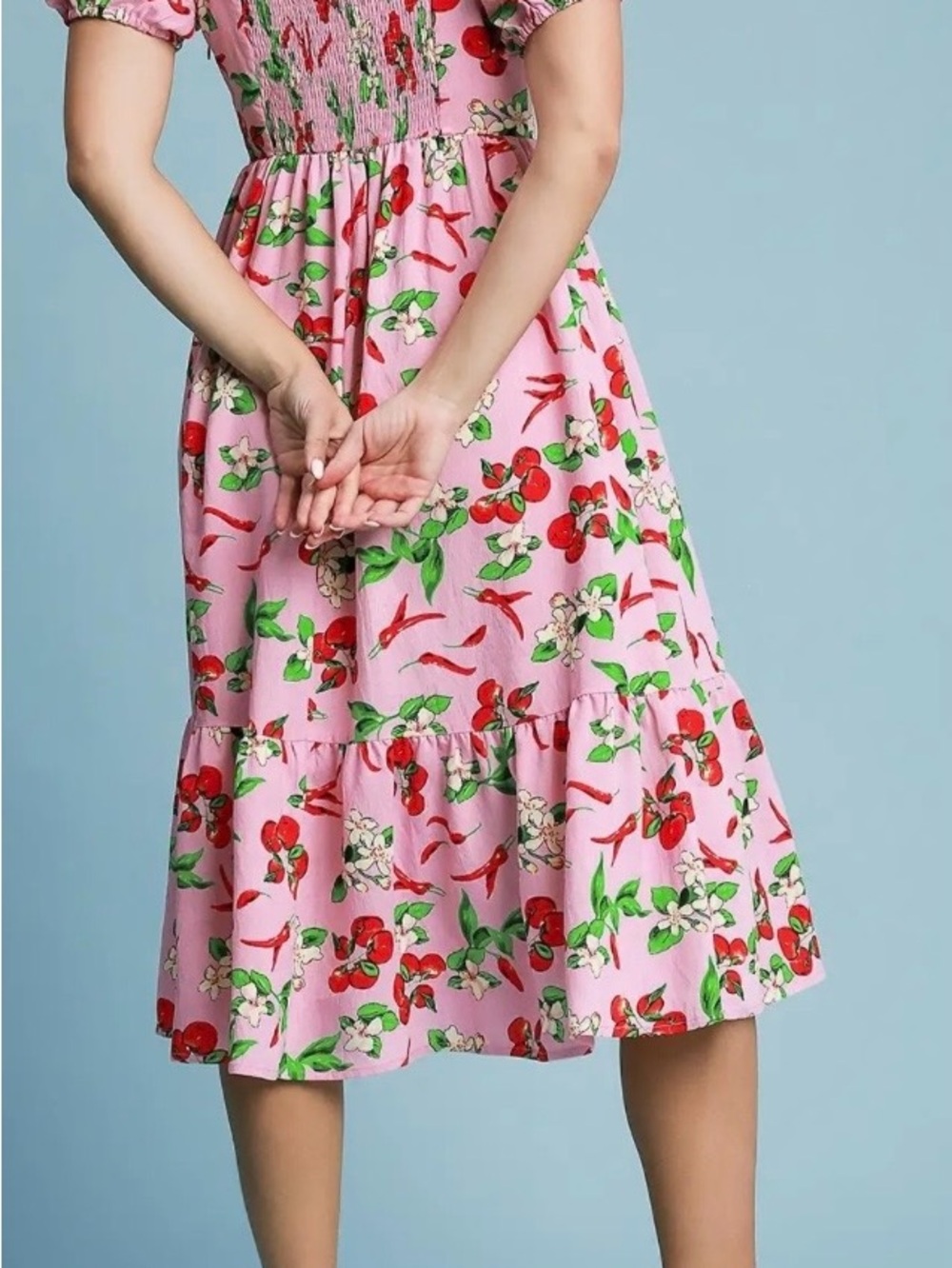 Umgee Pink Midi Dress with Red and Green Peppers - Picture 4 of 10